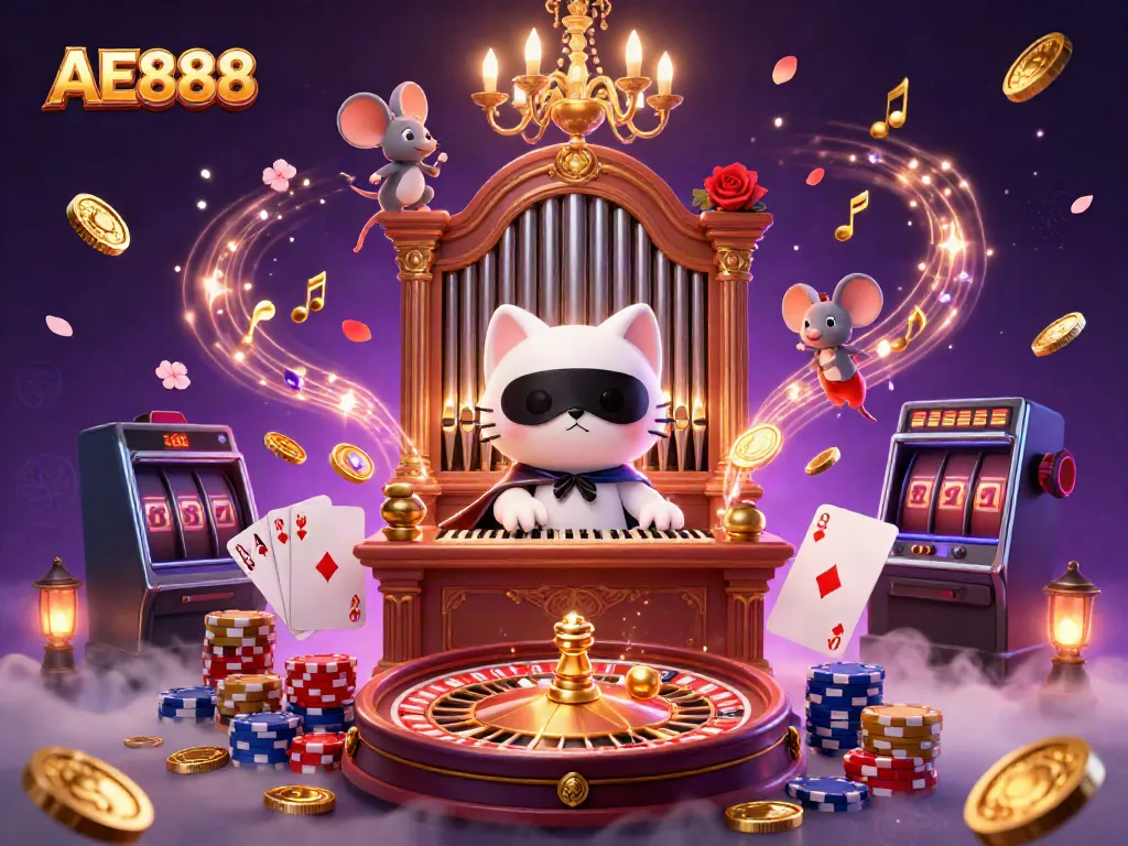 Engage with dynamic AE888 gaming scene featuring lucky cat, casino elements, and floating gems.