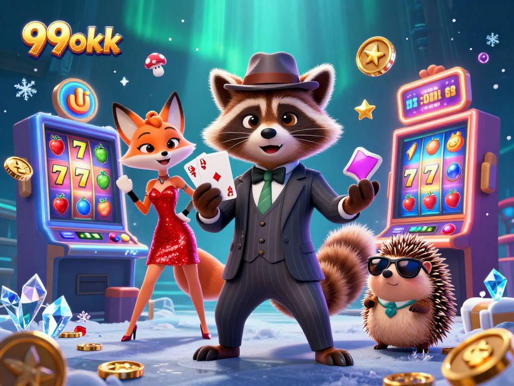 Experience thrilling slot action with 99okk's suave raccoon, striking fox, and hedgehog in a vibrant scene.