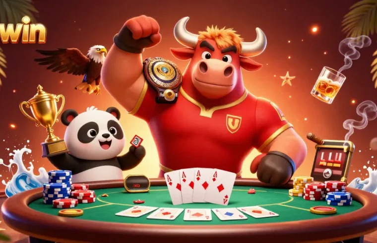 Kuwin offers exciting casino gaming with a bull mascot winning big at poker.