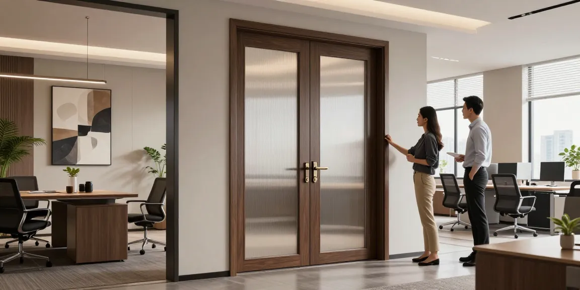 Elegant single leaf double swing door enhancing modern office design with stylish decor elements.