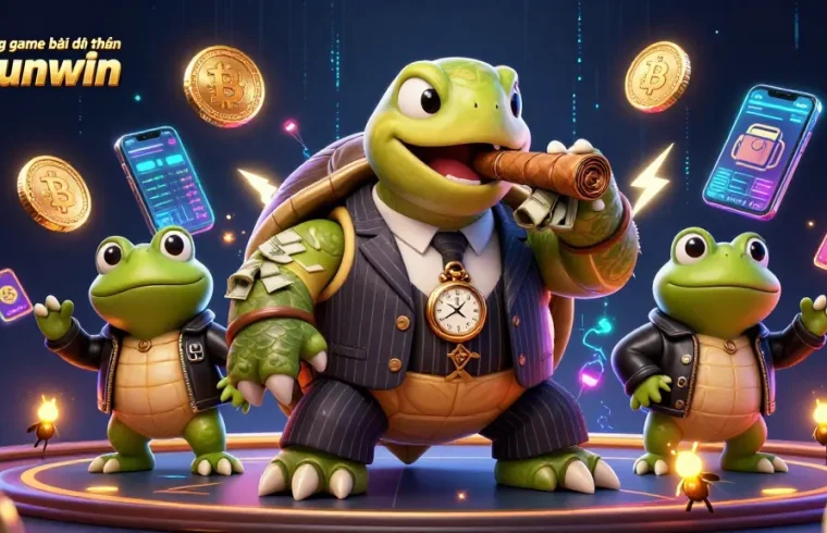 Cổng game bài đổi thưởng Sunwin showcasing a vibrant casino scene with a snapping turtle in a mobster suit, flanked by bullfrog enforcers amidst shining cryptocurrency elements.