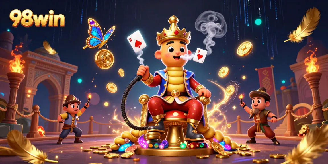Experience vibrant action with 98win, featuring an engaging casino master and dynamic game elements in a colorful illustration.
