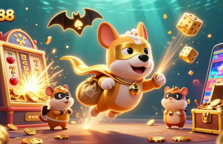 Engage with QS88's thrilling jackpot action as a superhero dog and hamster soar amidst casino excitement.