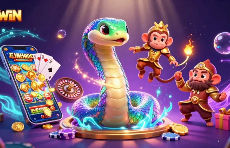 Experience the magic of OKWIN with a vivid 3D scene showcasing a lively rainbow serpent and a monkey king among casino games.
