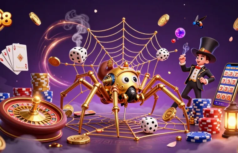 ea88 showcases a golden steampunk spider capturing dice, surrounded by dynamic casino elements.
