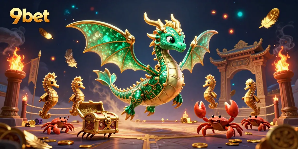 Engage with 9bet's exciting casino adventures featuring an emerald sea dragon and dynamic treasure elements.