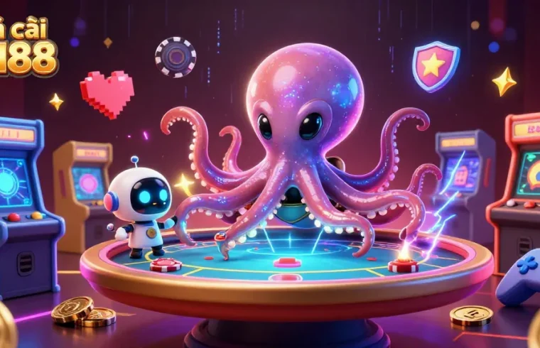 Experience exciting games at nhà cái DH88 with alien octopus and holographic poker scene.