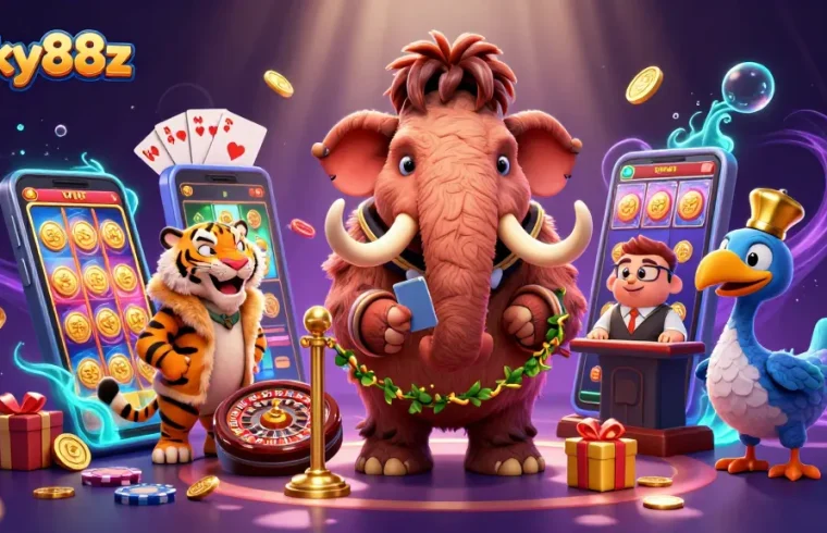 Experience thrilling games with lucky88z at this vibrant casino scene featuring memorable characters.