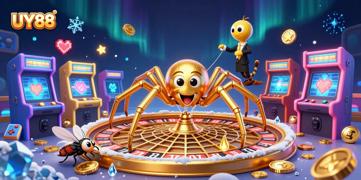 Engage in thrilling bets at UY88 with a golden spider spinning a roulette web and vibrant game elements.