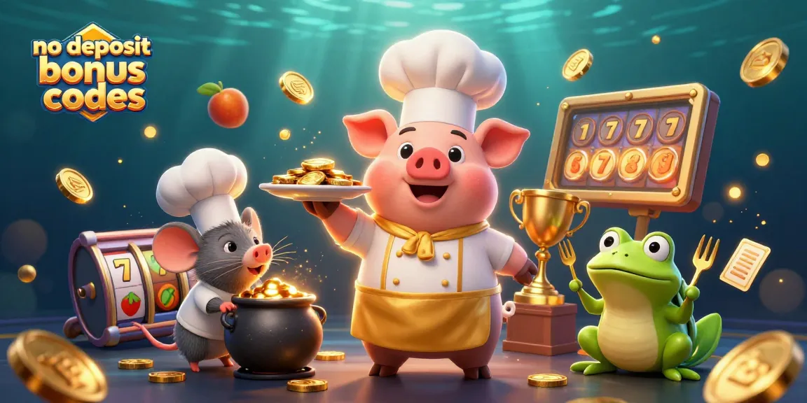 Unveil exciting no deposit bonus codes with a vibrant casino-themed 3D illustration showcasing chefs and gold coins.