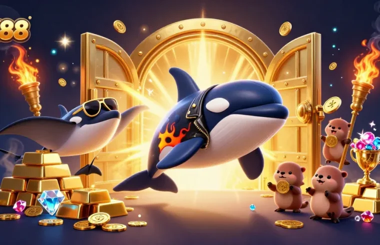 GK88 players winning big with golden treasures in this vibrant casino-themed illustration.