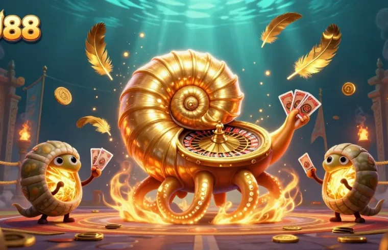 Spin the roulette wheel with UU88's colorful nautilus and glowing ammonite companions, surrounded by casino elements.