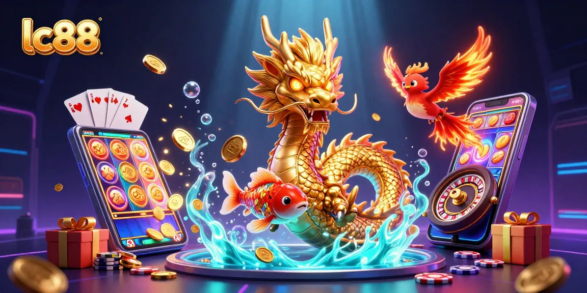 Win big at lc88 with a fierce dragon, phoenix, and koi fish in a vibrant gambling scene.