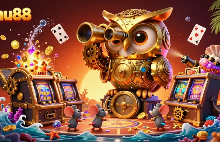 Experience exciting gameplay at nohu88 with a vibrant cartoon scene featuring a golden owl and slot machines.