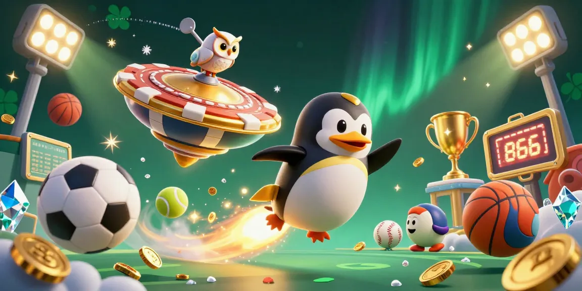 Experience exciting gameplay at lc88 with vibrant 3D elements including sports balls and a golden penguin.