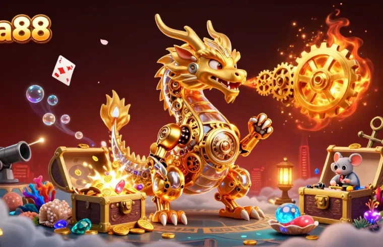 Experience the magic of Bra88 as the golden dragon breathes gears, surrounded by vibrant treasures.