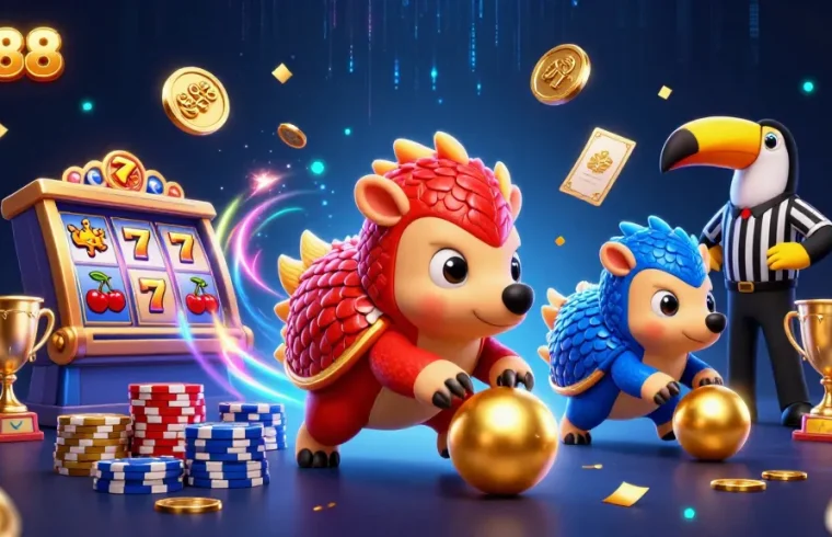 Engage in the fun with TR88 as rival pangolins bowl through poker chips amidst a vibrant casino backdrop.