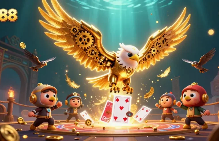 Experience the excitement of ea88 with a cybernetic eagle amidst swirling casino elements and rich visual effects.