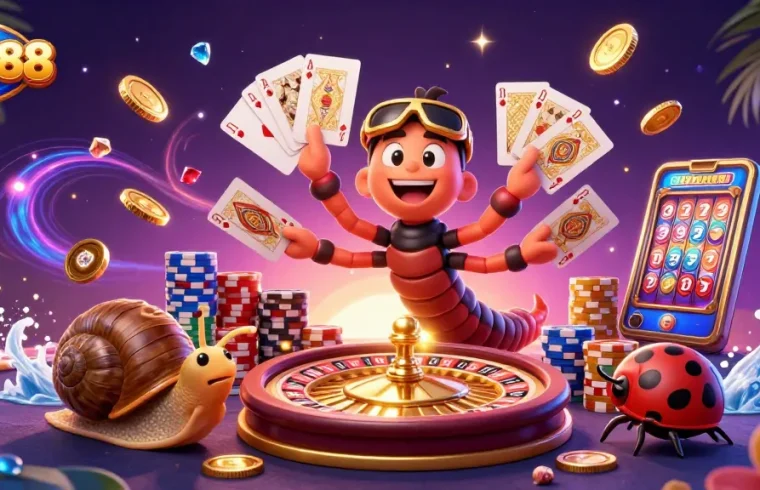 Experience the thrill at DN88 with a vibrant scene featuring a millipede dealer and a snail high-roller.