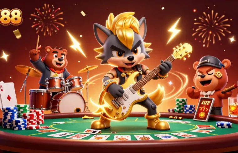 Experience the thrill of QS88 with a dynamic casino scene featuring a rock star wolf and vibrant poker elements.