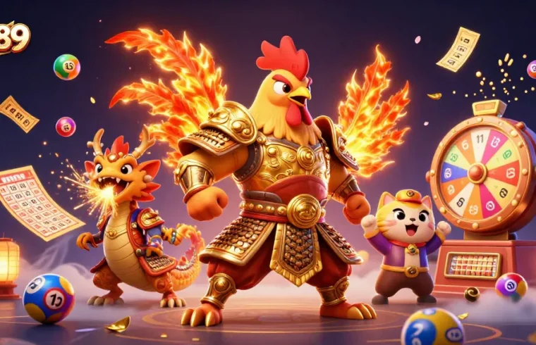 Experience thrilling gaming action at ae889 with a vibrant 3D illustration of a rooster warrior and dragon